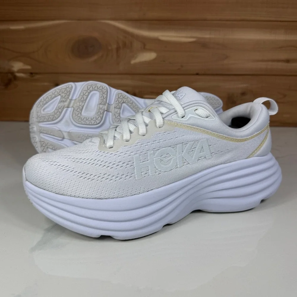 Hoka One One White Athletic Running Shoes with Subtle Gold Trim